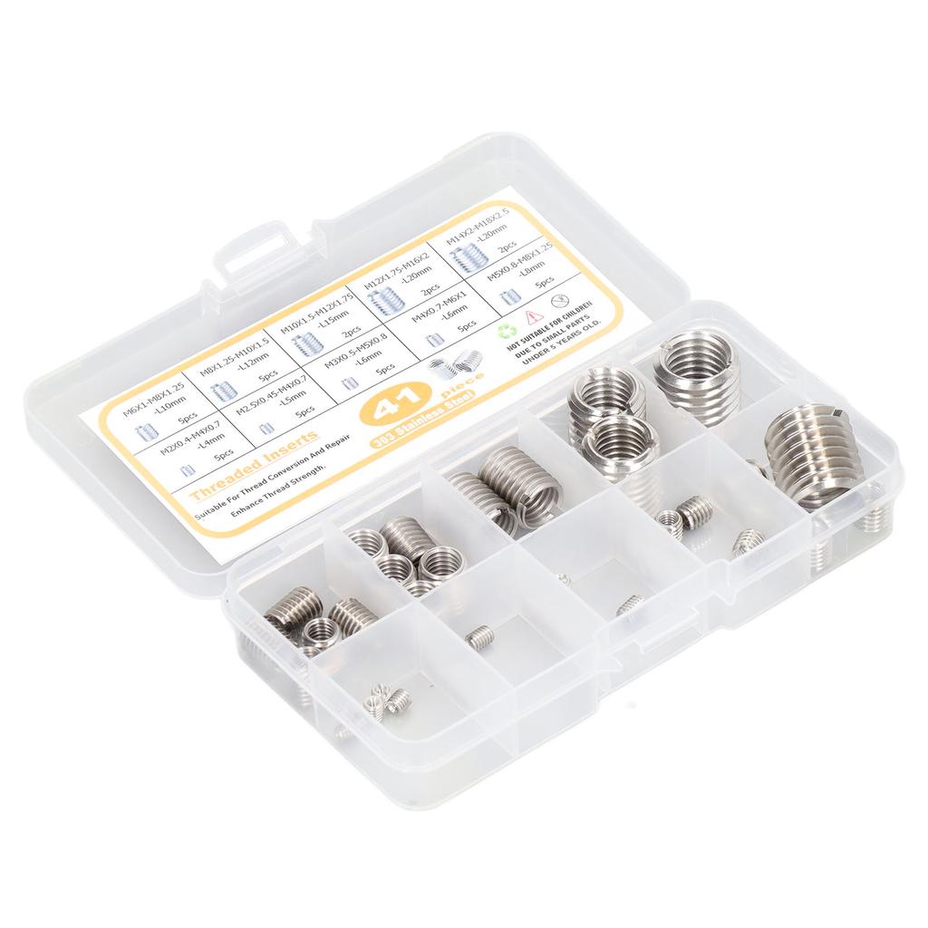 41 Pcs Thread Repair Insert Assortment Kit Stainless Steel M2 To M14 Thread Repair Insert with Storage Box
