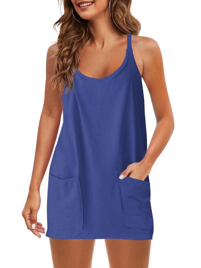 2025 Summer Sleeveless Solid Color Dress with Thin Straps & Pocket