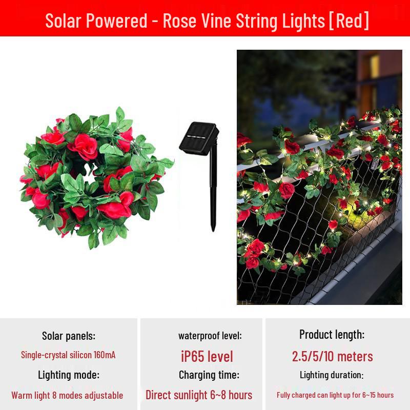 Solar Rose String Lights: Outdoor & Indoor Decorative Flower Vine for Patios, Balconies, Railings, and Ambiance