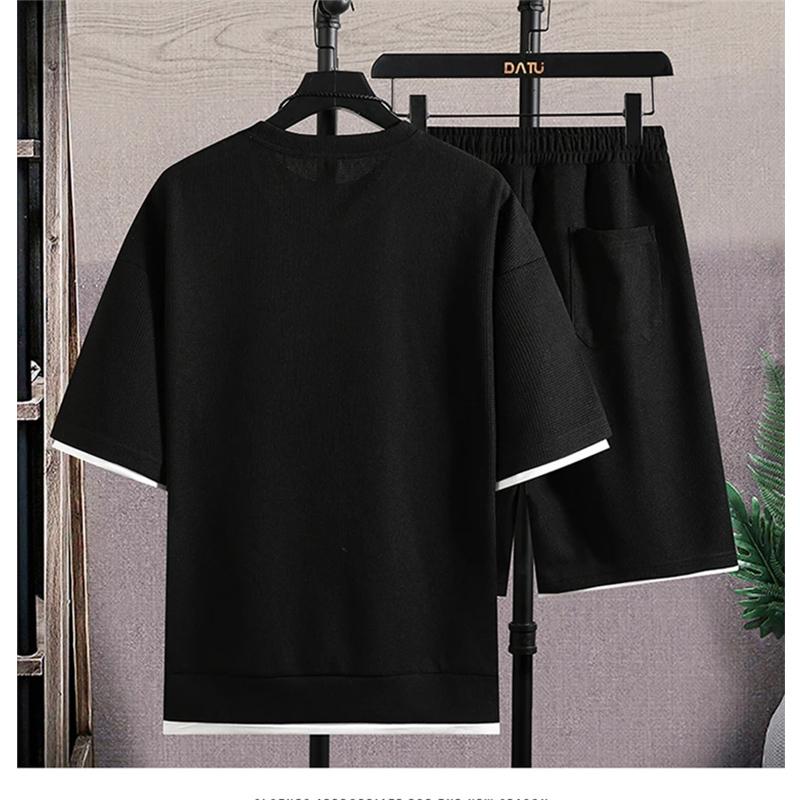 Set 2 piese Waffle pentru bărbați Trening de vară Tricou de jogging + costum pantaloni scurți Set de hanorace Harajuku Patchwork pentru bărbați