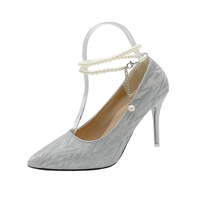 Fashion Wedding Dress Bridal Shoes Lace-up Pearl Pumps 2024 New String Bead Women Pointed Toe Thin High Heel Fashion Party Shoes 7cm 9cm