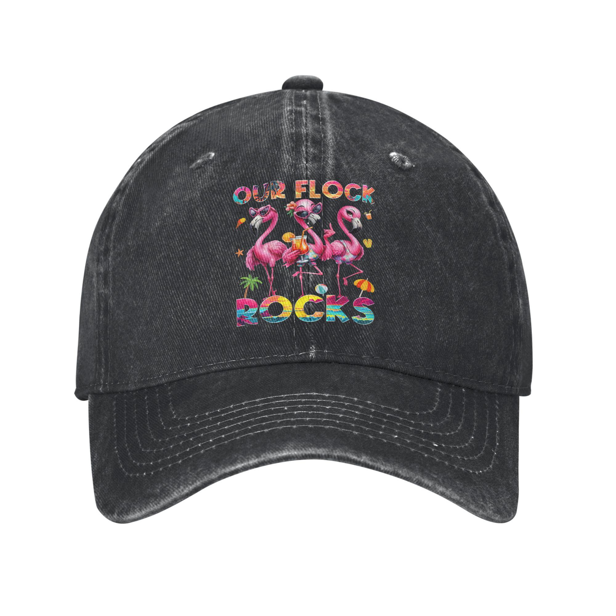 Our Flock Rocks Flamingo Baseball Caps Retro Distressed Denim Sun Cap Unisex Style Outdoor All Seasons Unstructured Soft Cap Hat One Size