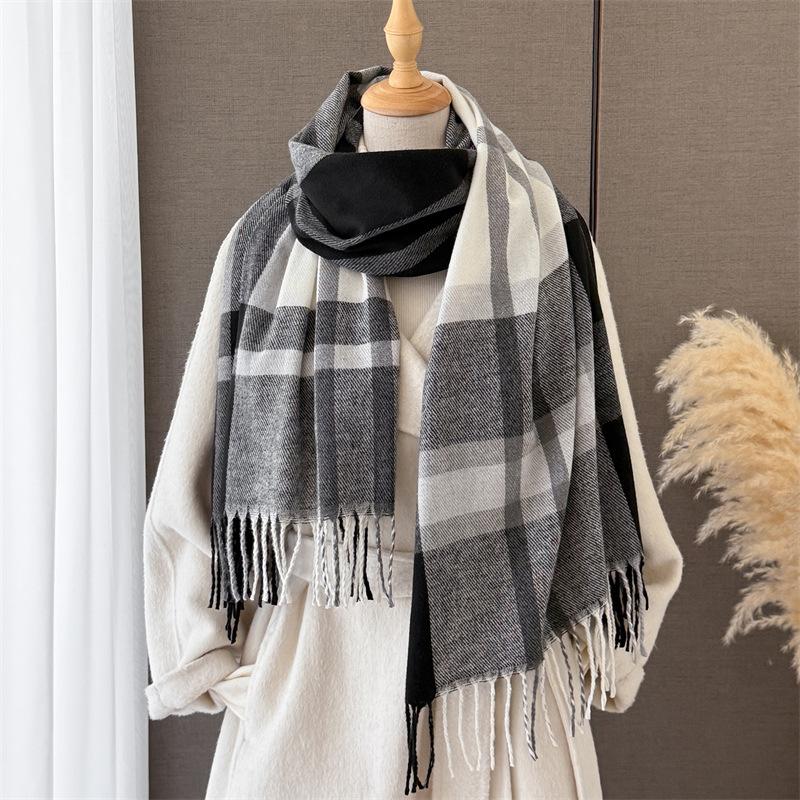 Korean Version of Aesthetic Plaid Autumn and Winter Warm and Cold Scarf Shawl Commuting Versatile Couple Tassel Imitation Cashmere Scarf