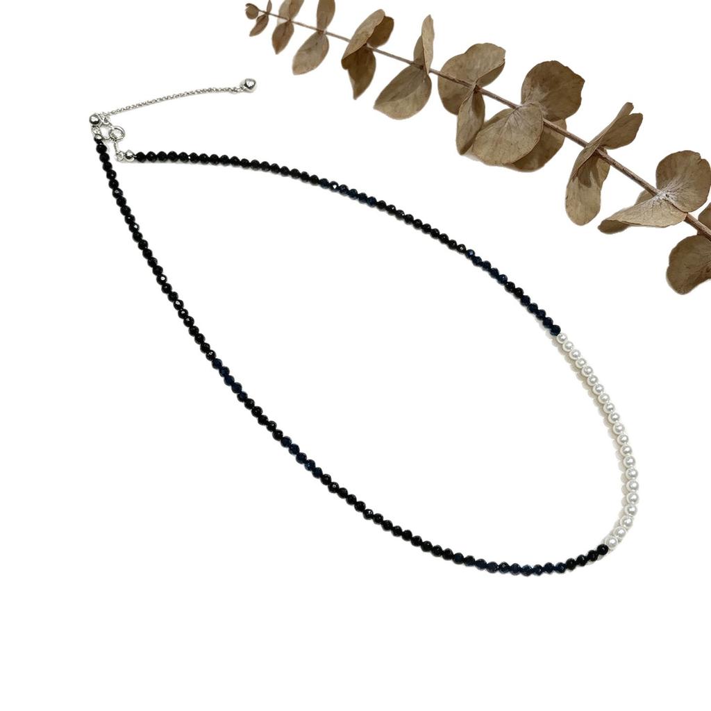 Natural freshwater pearl black spinel necklace women's s911 sterling silver sweet cool wind collarbone chain accessories light luxury high sense
