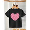European Sizes Pink Heart Pattern Print, Girls' Summer Comfortable Short-sleeve T-shirt, Cute Children's Top for Daily Outings, Printed Design