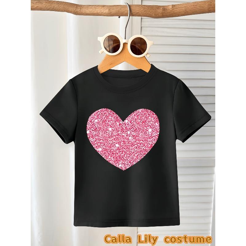 European Sizes Pink Heart Pattern Print, Girls' Summer Comfortable Short-sleeve T-shirt, Cute Children's Top for Daily Outings, Printed Design