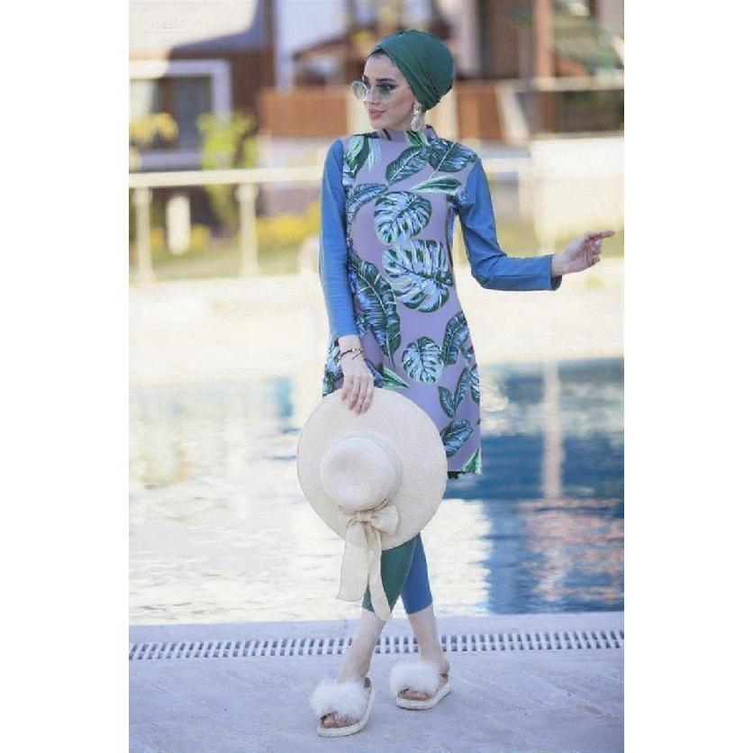 New Styles In Various Colors and Prints Modest Muslim Burkini 2-piece Set Long-sleeved Tunic and Full-length Leggings Set - Muslim Swimwear - Summer