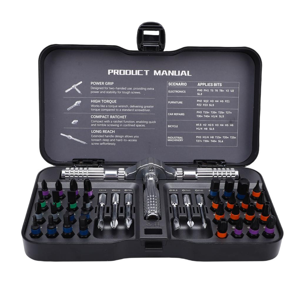 40 in 1 Screwdriver Set S2 Tool Steel Bits and 58 Teeth Ratchet Driver Detachable Handle for Furniture Electronics