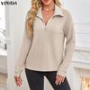 Women Casual Zip-up Neck Long Sleeve Plain Thin Rib Blouse
