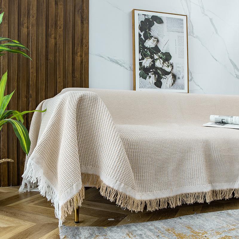 Sofaovertrekk i bomull og lin, pledd, ensfarget, sklisikkert sofahåndkle for stuemøbler, dekorasjon, veggteppe, sofatrekk