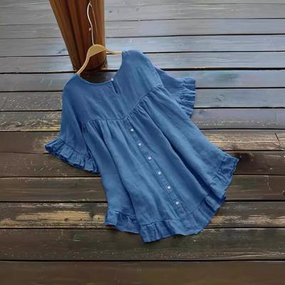 Summer Cotton Linen Blouse Solid Color Loose Ruffle Hem Bottom Cuffs Round Neck Short Sleeved Button Up Women's Shirt Blouses & Shirts
