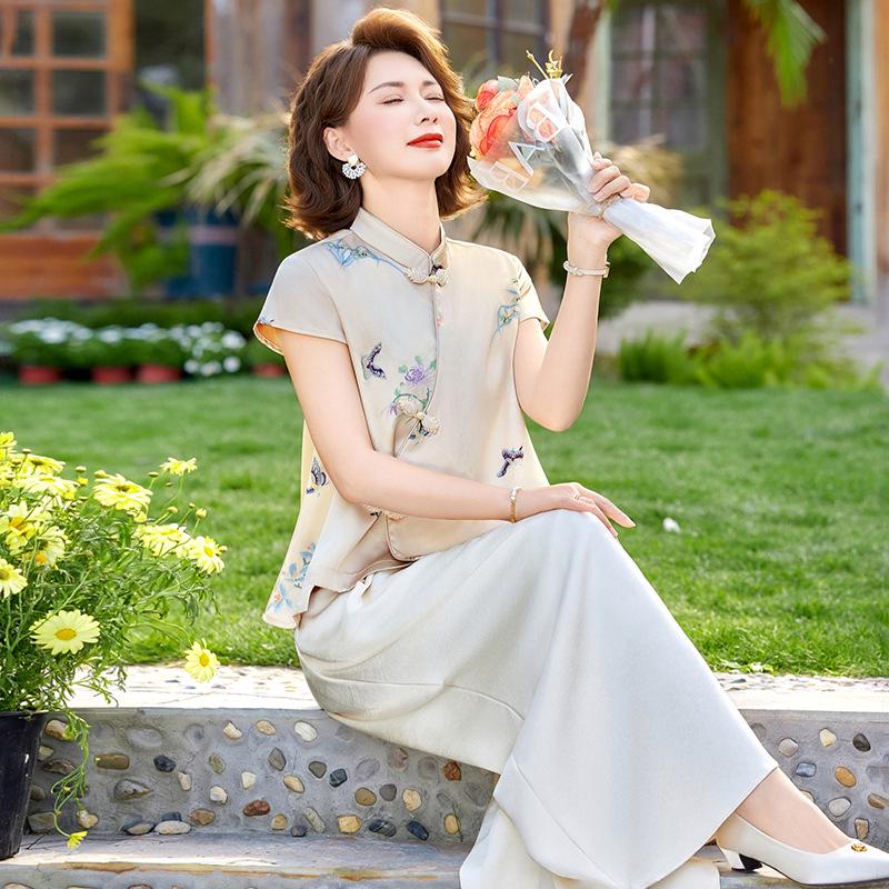 

Women s Summer 2026 Casual Chinese-Style Two-Piece Set with Short Sleeve Top and Wide-Leg Pants 4XL [Recommended for 135-150 lbs]