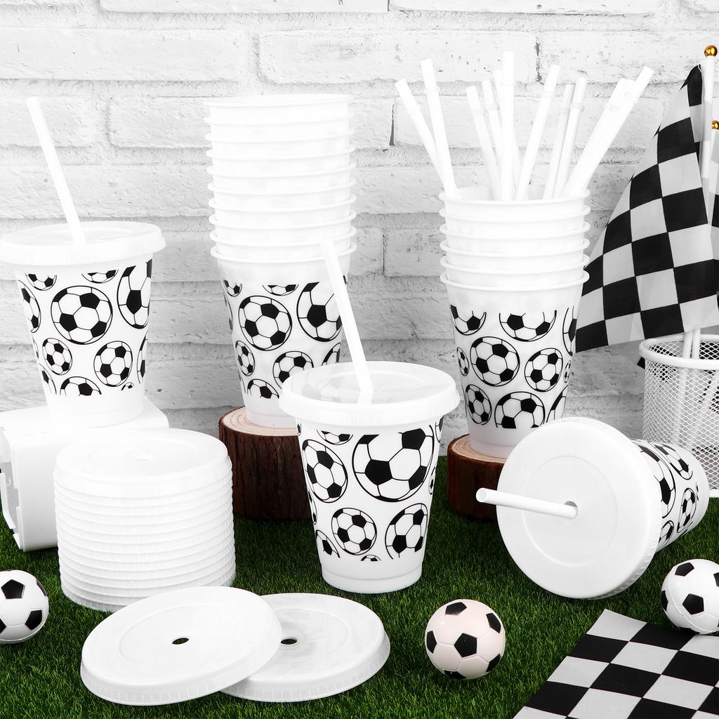 20 Pcs 16Oz Plastic Football Cups Reusable Tumbler With Lid And Straw Football Birthday Party Gifts For Game Team Sport Themed P