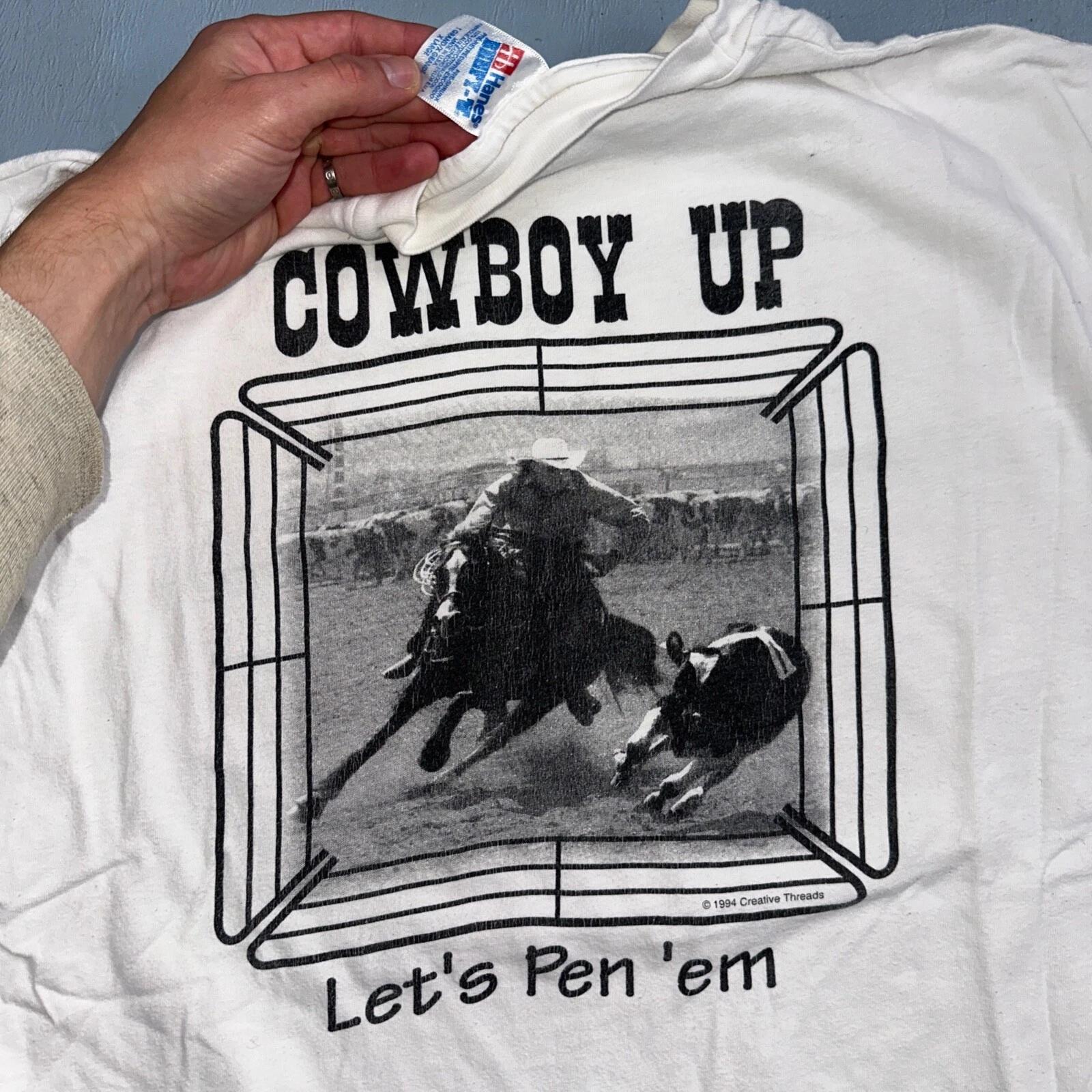 

Cowboy Up Hanes Rare 90s VTG T Shirt Rodeo USA America Cow Boots Country Photo S