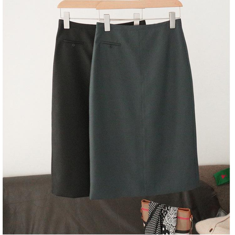 Elegant British Retro High-Waist Straight Midi Skirt with Back Slit