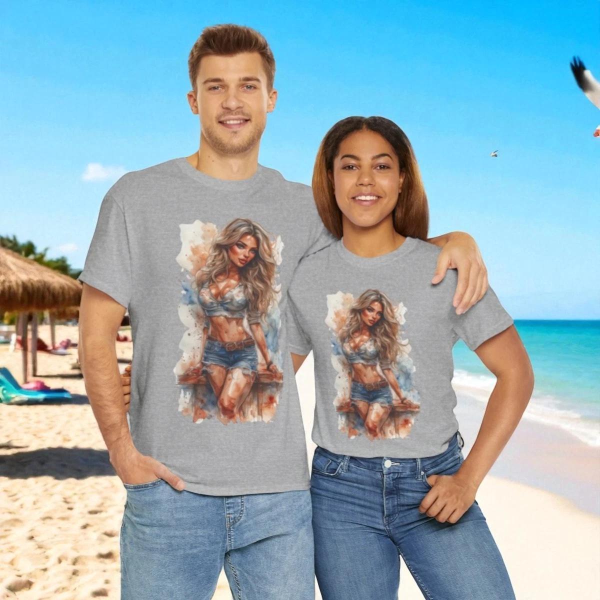 Sassy Pretty Lady Watercolor Art Tee - Casual Wear, Graphic Tee, Summer Fashion S