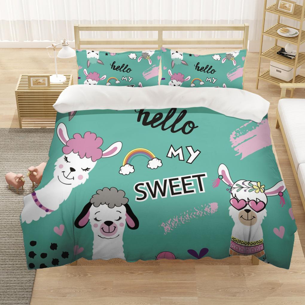 3D Tecknad Djur Sängkläder Set Alpaca Påslakan Örngott 2/3st Mjuk Snabbtorkande Tyg Sött Mönster Överdrag Barn Flickor Gåva