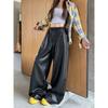 American Style Leather Pants Casual Women Autumn High Waist Straight Loose Elastic Waist Pocket Affordable Wide Leg Trousers