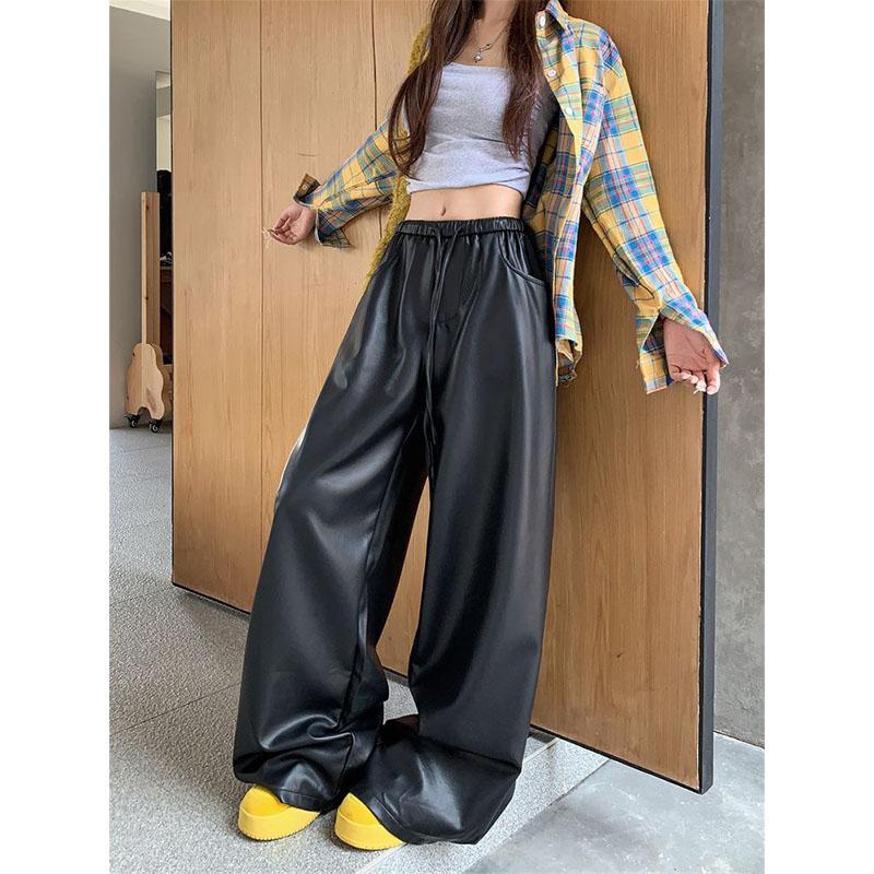 American Style Leather Pants Casual Women Autumn High Waist Straight Loose Elastic Waist Pocket Affordable Wide Leg Trousers