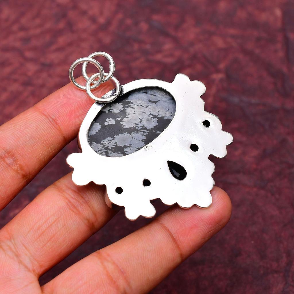 Awesome Snowflake Obsidian Gemstone Pendant: 925 Sterling Silver Handmade Pendant Necklace Jewelry