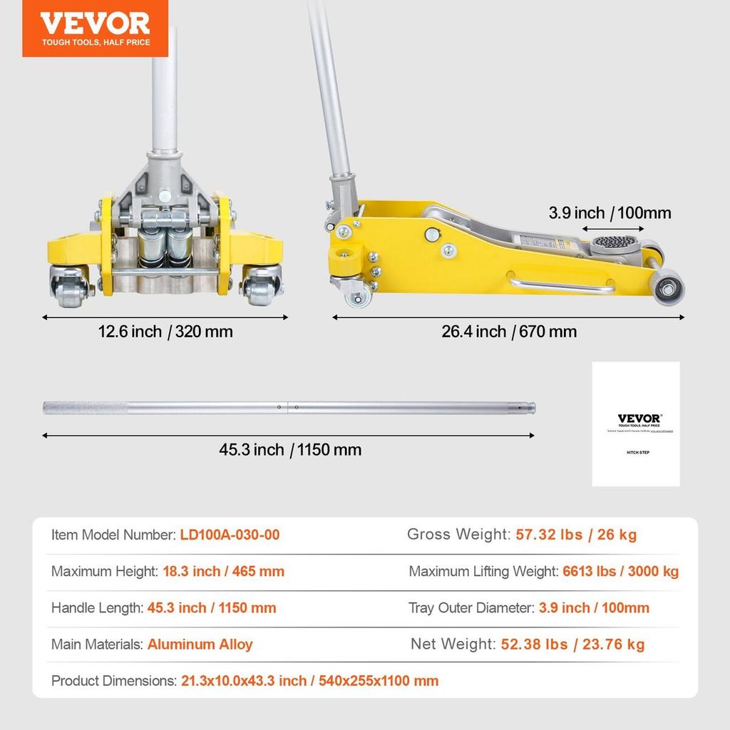 Low Profile Floor Jack 3 Ton Heavy Duty Dual Piston Rapid Pump