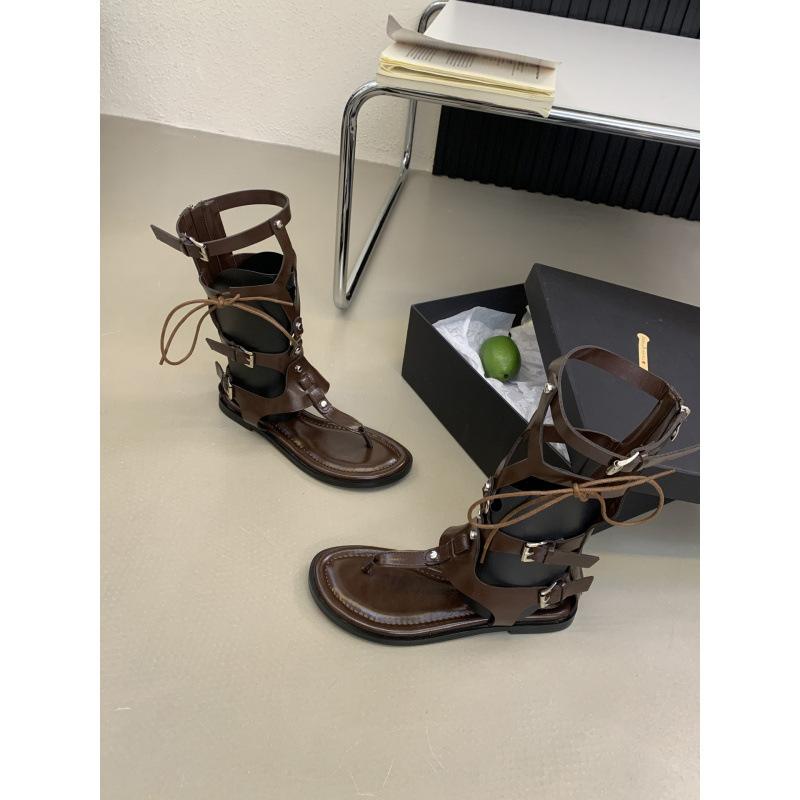 

2025 summer new flat-bottomed straps Roman shoes square head casual design toe high-top medium tube sandals women 39 темно-коричневого
