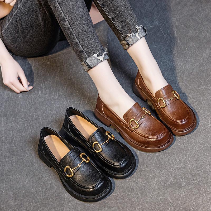 2025 Spring and Autumn New Single Shoes Cowhide Metal Buckle Loafers Middle Heel Soft Sole Comfortable Versatile Casual Single Shoes Women