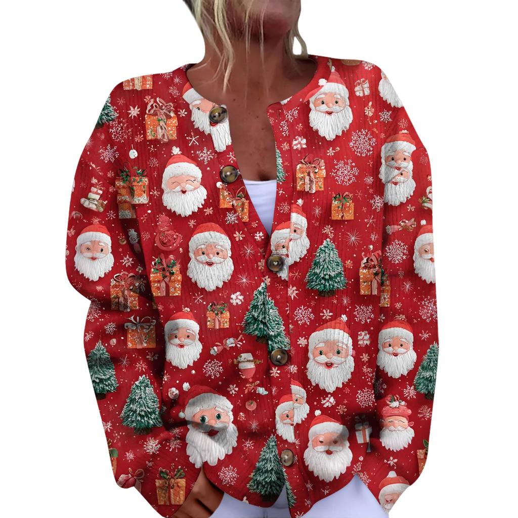 Women's Fashion Christmas Printed Long Sleeve Knitted Cardigan Button Down Jacket