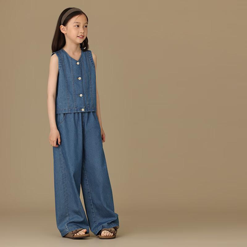 Hacikis Girls' Denim Vest & Wide-Leg Pants Set