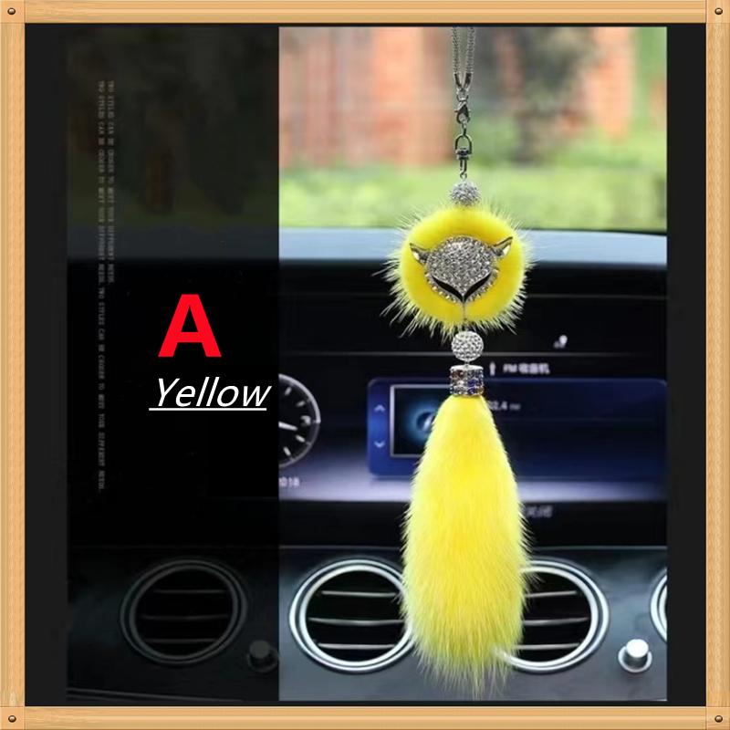 8 Colors Cute Fashion Diamond Fox Rear View Mirror Ornament Fur Bling Rhinestone Car Mirror Hanging Accessories for Girls Women