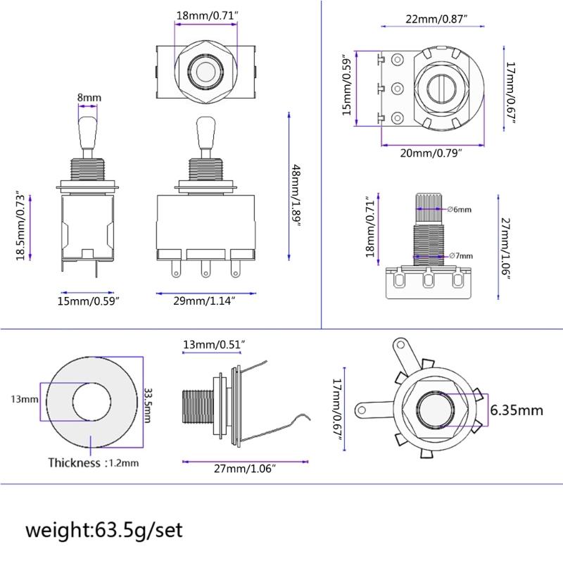 ערכת חיווט 1V 1T, רתמת חיווט 3 Way A500K מחווטת מראש לרתמת חיווט גיטרה לתיקון והחלפה של גיטרה חשמלית בס