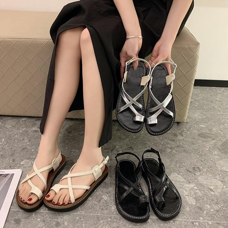 Temperament with Skirt Flat Toe Sandals Women's 2025 New Summer Soft Sole Silver Cross with Roman Beach Sandals