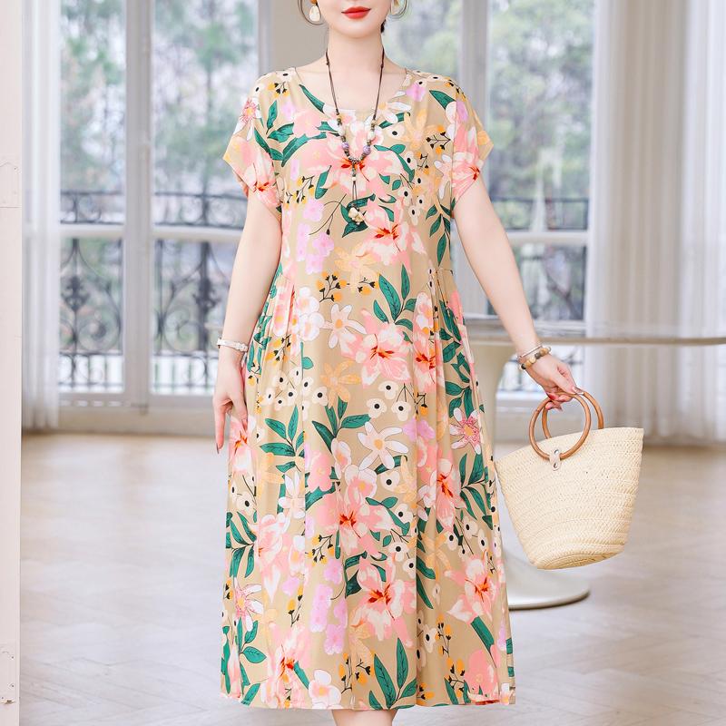 Plus Size Elegant Women Dresses Summer Vintage Clothes Short Sleeve Casual Long Dress