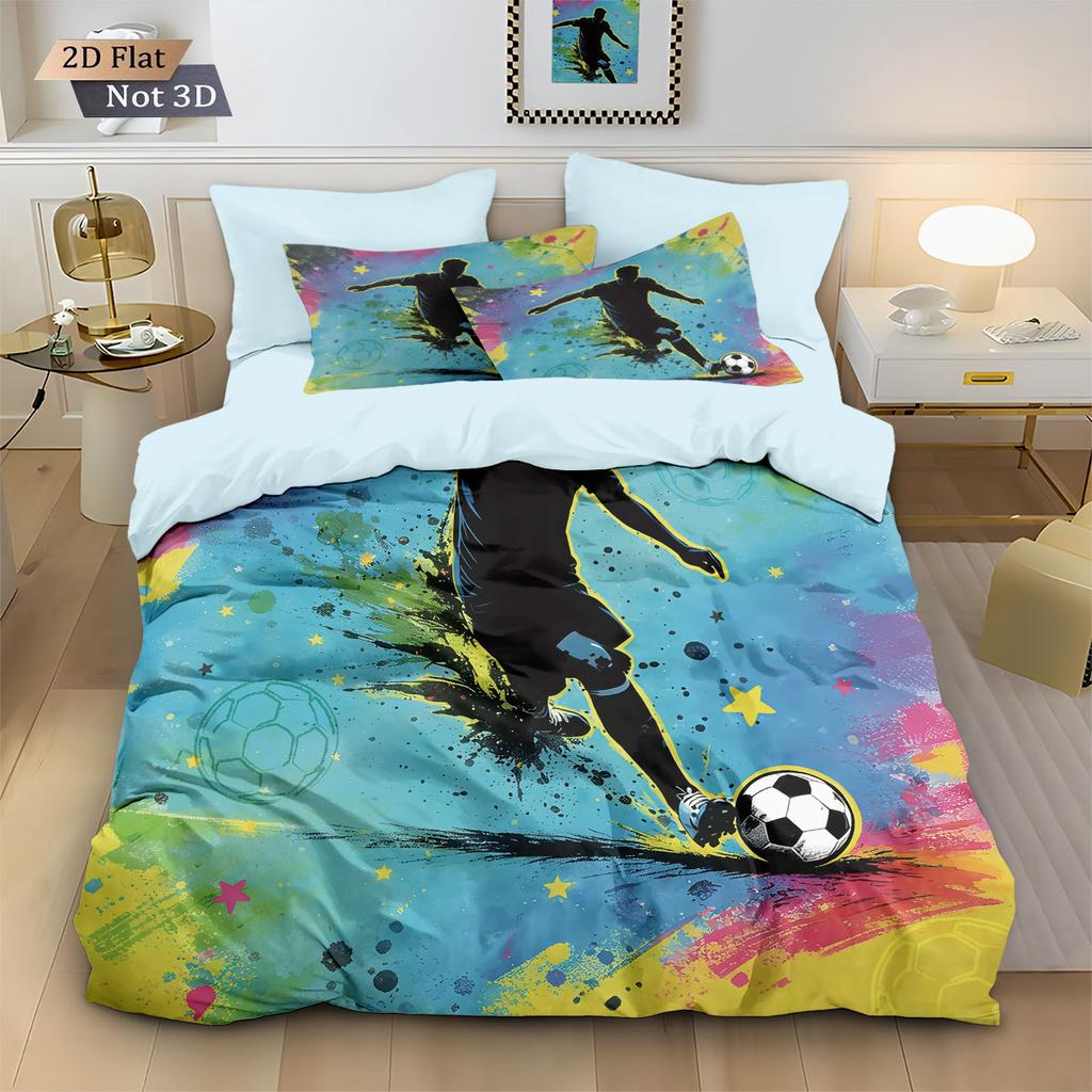 3pcs Football Figure Back Print Coreless Down Duvet Cover Set, Multi Size Bedding Decoration, Machine Washable