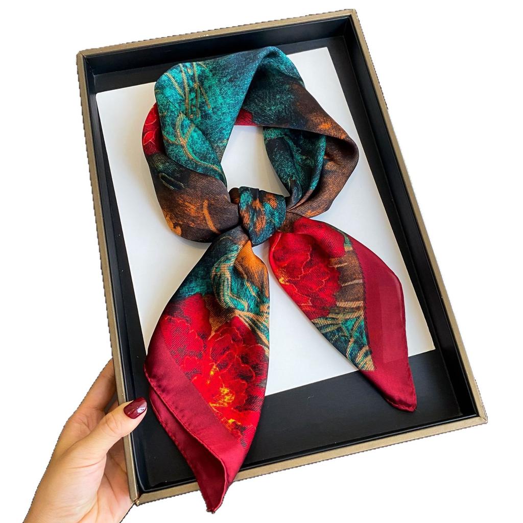 71Cm imitation silk small square scarf burgundy baroque pattern silk scarf versatile professional scarf spring and summer decorative scarf