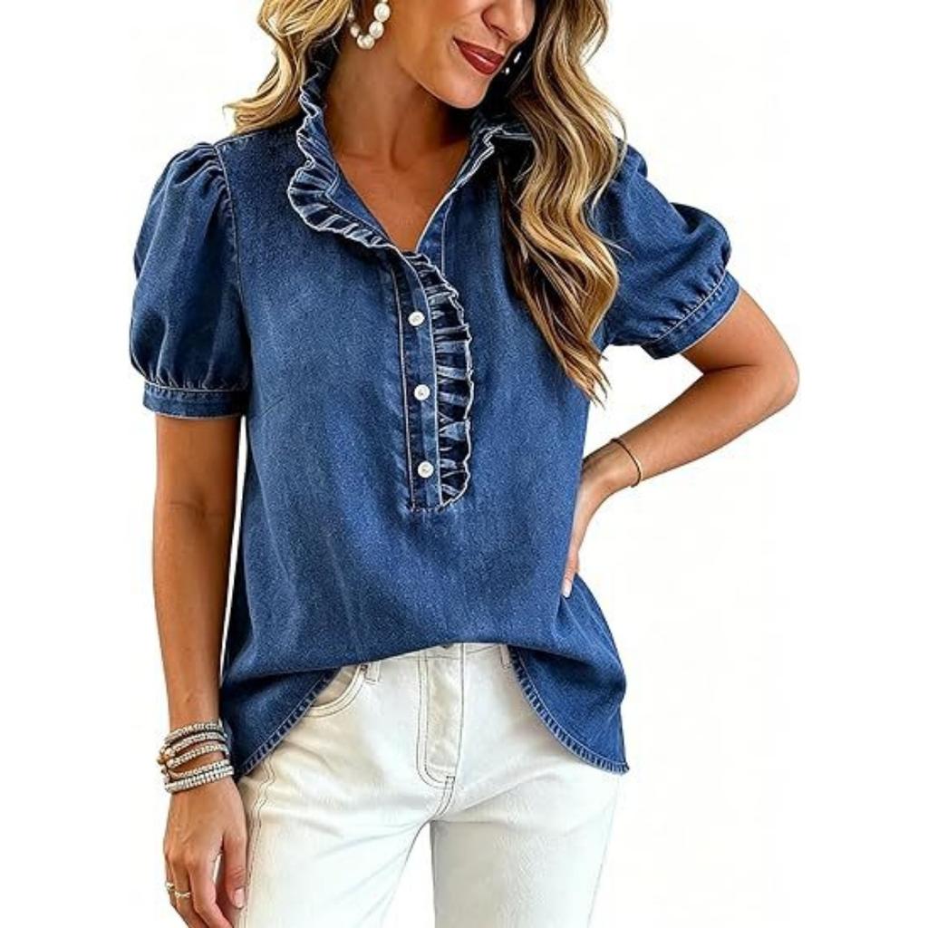New Washed Denim Shirt for Women, Puff Short Sleeve Ruffled Button Down Ruched Denim Blouse Top