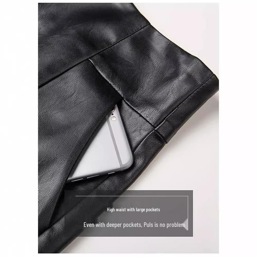 2023 Autumn Black High-Waist Leather Shorts for Women - Slimming, A-Line, Loose-Fit Wide Leg Design