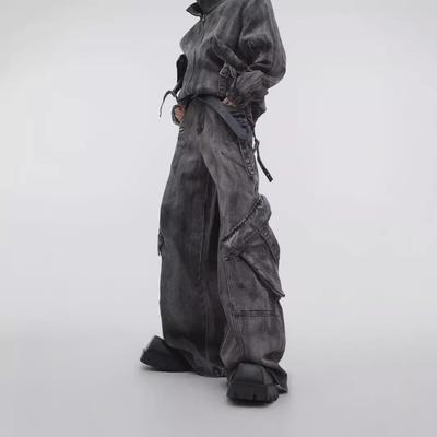 2024 Vintage Distressed Denim Suit with Heavy Zipper & Large Pocket Overalls