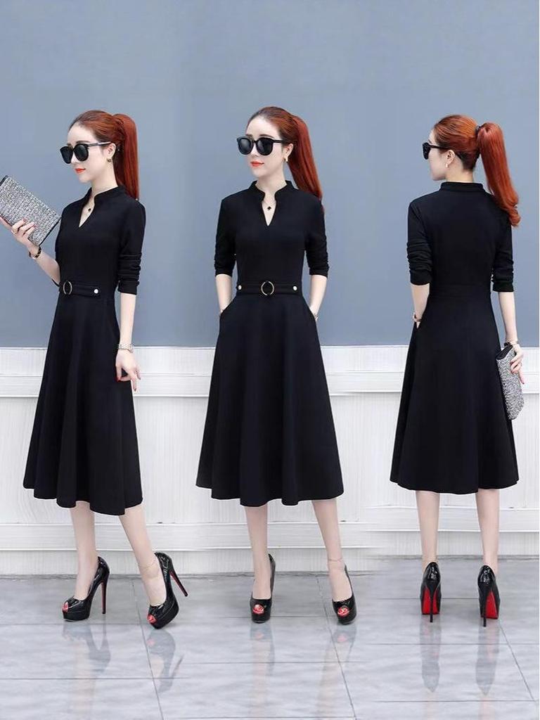 European & American V-Neck Long-Sleeve A-Line Dress - Elegant Spring Mid-Length Style