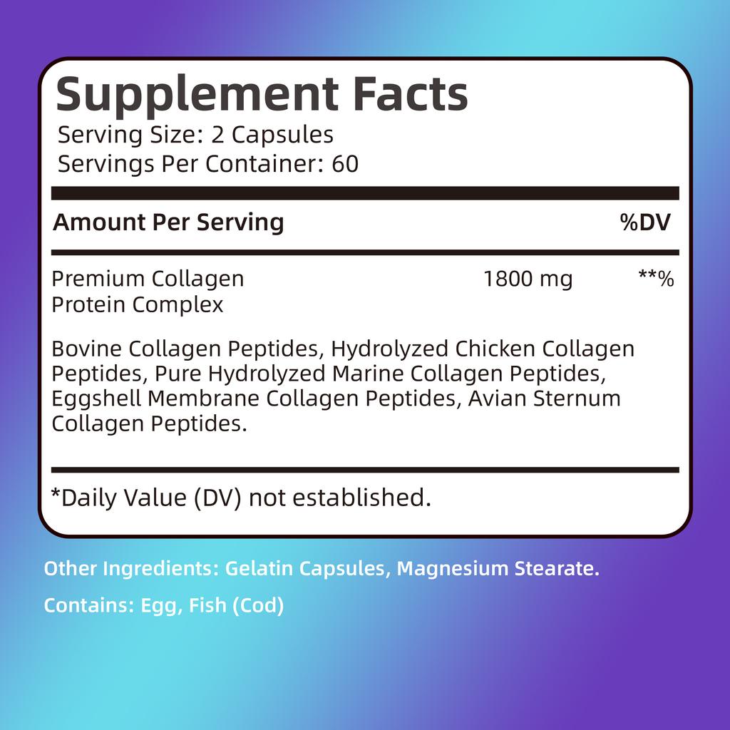 Premium Collagen Capsules, Various Types of Hydrolyzed Collagen Supplements, for Skin Care and Joint Health.
