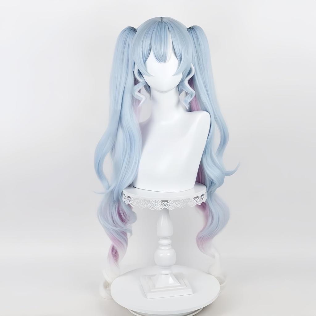 Hatsune Miku Snow Miku Cosplay Wig, Light Blue and Pink Gradient, Long Twin Tails, Blunt Bangs, Heat-Resistant Fiber (Up to 180°C), Adjustable Size, U