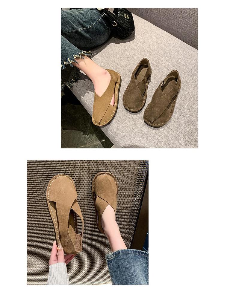 2024 Sommar Mjukt Läder Dam Rund Tå Slip-on Fiskarsandaler, Retrostil, Plusstorlek Finns