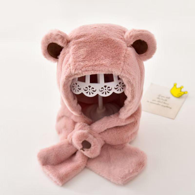 Thickened Bear Integrated Baby Hat Winter Children S Anti-Wind Cap Plush Scarf Boys And Girls Winter Accessories One-Piece розовый