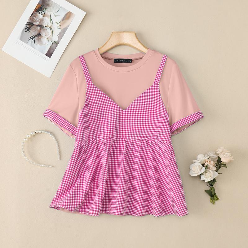 

ZANZEA Женская повседневная футболка с сетчатым принтом, пэчворк, летняя, с коротким рукавом XL розовый