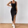 Women's Sleeveless Square Collar Suspender Furry Vertical Vest Dress Elegant Sexy Slit Legs Midi Dress