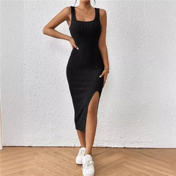Women's Sleeveless Square Collar Suspender Furry Vertical Vest Dress Elegant Sexy Slit Legs Midi Dress