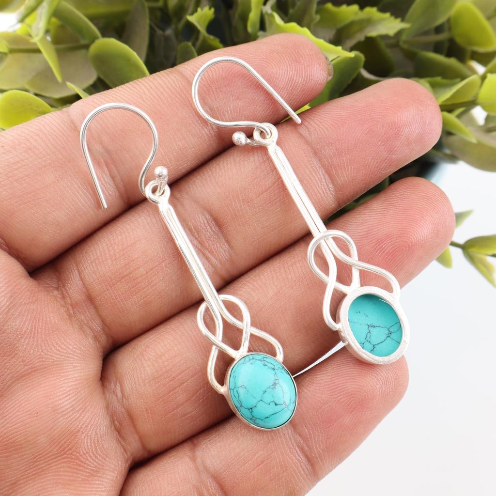 Blau Türkis Handgefertigte Edelstein Ohrringe, 925 Massiv Sterlingsilber Böhmische Schmuckohrringe, Attraktive Silberohrringe Geschenk für Ehefrau