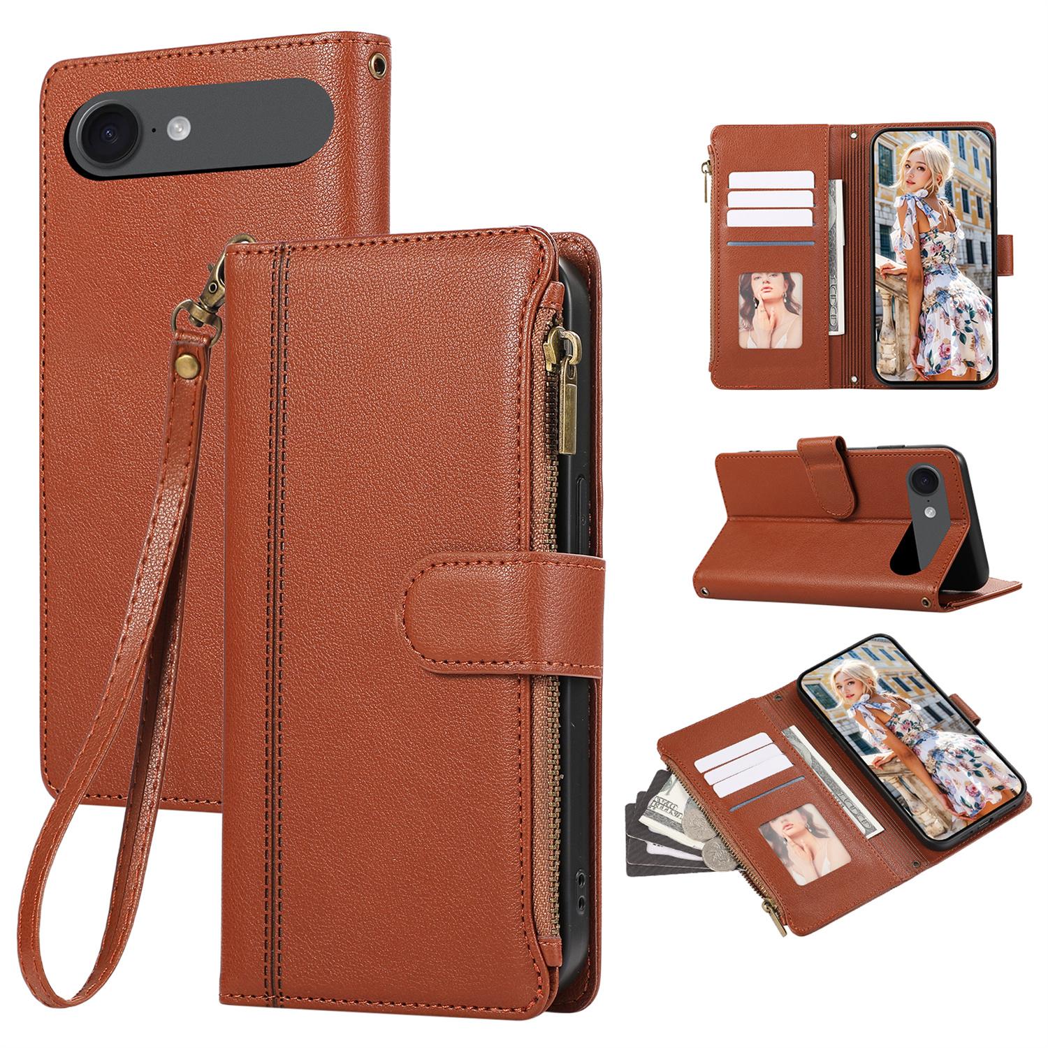 

For iPhone 17 Air Case Multi Card Slots Zipper Leather Phone Cover with Wrist Strap Brown
