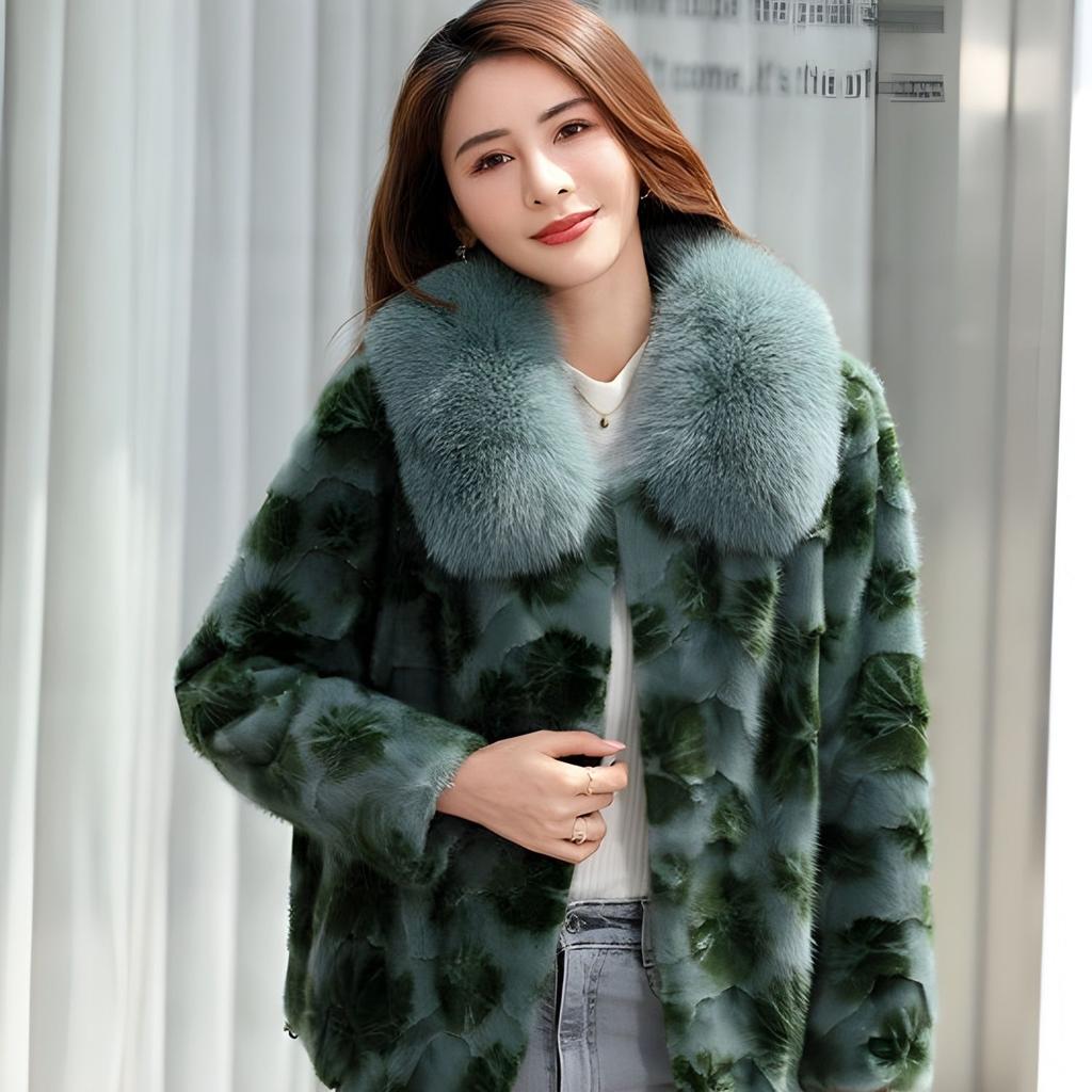 New 100% Mink Fur Coat for Women Short Style Fox Fur Collar Large Size Fur Coat for Women Send Mom and Wife Gift