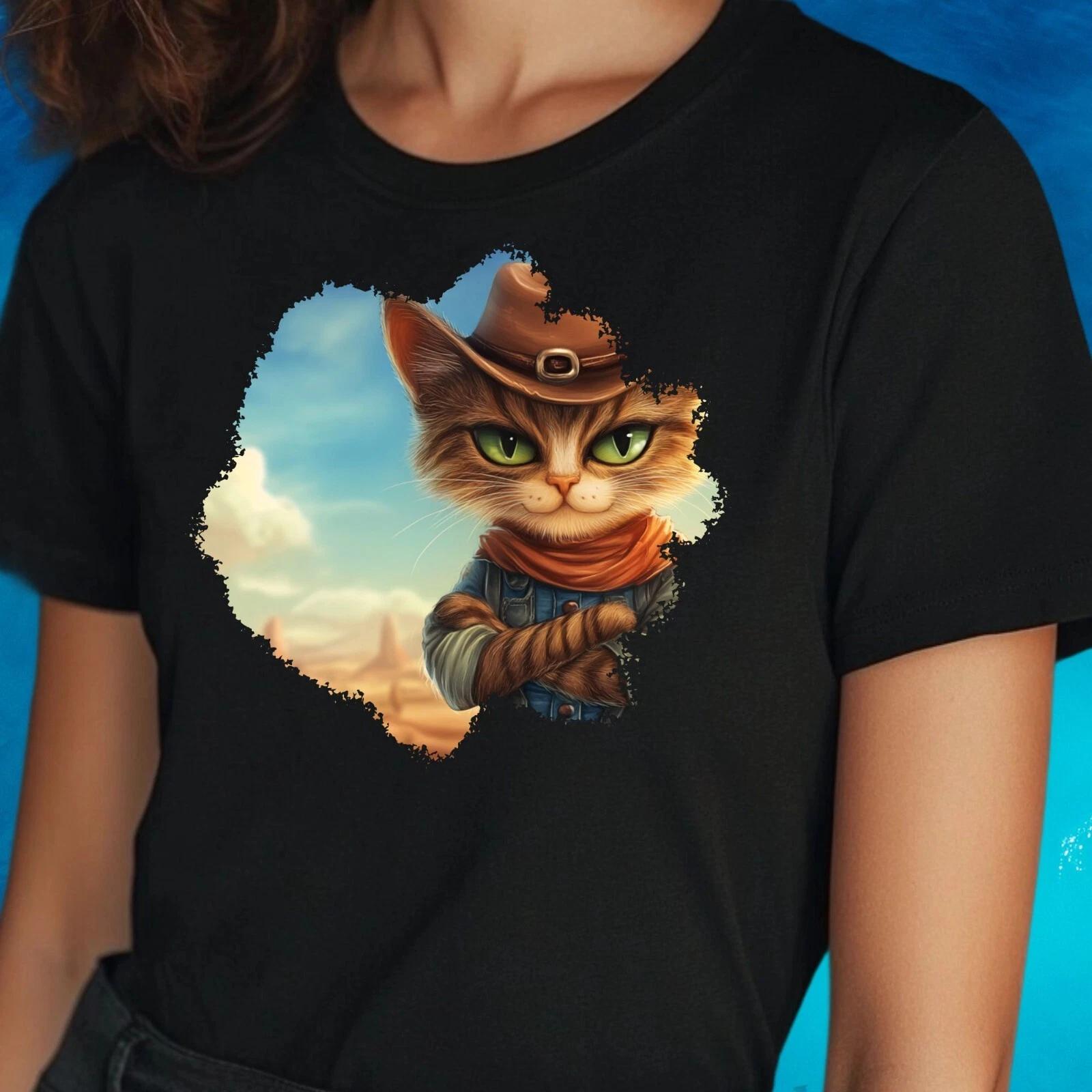 T-Shirt Herren Cowboy Katze Cartoon Motiv Baumwolle Größe S bis 5XL XL